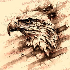May include: A black and white illustration of a bald eagle's head with a blurred American flag in the background. The eagle's eye is focused on the viewer.