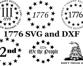 Puede incluir: Un diseño gráfico en blanco y negro que presenta un círculo de estrellas con el texto "When Tyranny Becomes Law, Rebellion Becomes Duty" y el año "1776" en su interior. El texto "1776 SVG and DXF" está debajo del círculo. Otro círculo de estrellas con el texto "2nd" en su interior está a la izquierda. Un círculo de estrellas con el texto "We the People" y el año "1776" en su interior está a la derecha. Una imagen en blanco y negro de una serpiente con el texto "Don't Tread on Me" está debajo del círculo de estrellas.