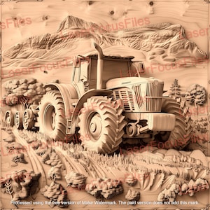 May include: A detailed wood carving of a tractor with large tires, driving through a forest. The tractor is carved in a light brown color, and the forest is carved in a darker brown color. The carving is set against a background of a mountain range.