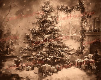 May include: A sepia-toned painting of a Christmas tree decorated with ornaments and lights, surrounded by wrapped presents in a room with a fireplace and a window. The scene is filled with a warm, cozy atmosphere.