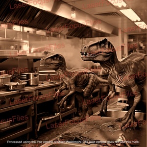 Laser Engrave File | Laser Burn PNG | 3D Illusion | Laser Cut File | Laser Digital Design File | Velociraptors Hunting in Kitchen | Jurassic