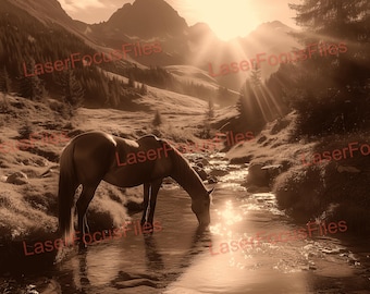 Laser Cut File | 3D Illusion | Laser Burn PNG | Laser Engrave File | Laser Digital Design File | Horse Drinking From Creek | Cowboy | USA