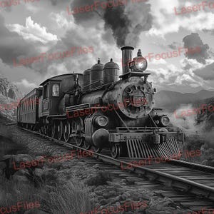 May include: A black and white photograph of a vintage steam locomotive train traveling on a track through a mountainous landscape. The train is emitting smoke and steam. The locomotive is numbered "1449".