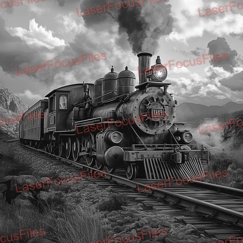 May include: A black and white photograph of a vintage steam locomotive train traveling on a track through a mountainous landscape. The train is emitting smoke and steam. The locomotive is numbered "1449".
