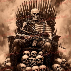 May include: A skeletal figure sits on a throne made of swords, wearing an American flag and holding a rifle. The throne is surrounded by a pile of skulls.