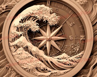 May include: A wooden compass with a carved wave design. The compass face features a traditional compass rose with the cardinal directions N, S, E, and W. The wave design is reminiscent of the Great Wave off Kanagawa.