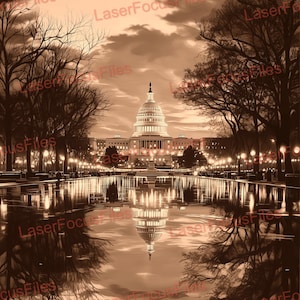 May include: A sepia-toned photograph of the United States Capitol building at night, reflected in a still pond. The building is illuminated, and the reflection is clear and sharp.