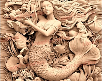 Lasergesneden bestand | 3D-illusie | Laserbranden, png-bestand | Lasergraveerbestand | Digitaal laserontwerpbestand | Zeemeermin in de oceaan | Zwemmen met vis