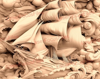 Archivo cortado con láser / Ilusión 3D / PNG quemado con láser / Archivo grabado con láser / Archivo de diseño digital con láser / Barco pirata / Oro / Capitán / Vela