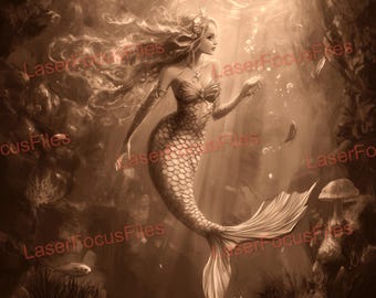 Lasergesneden bestand | 3D-illusie | Laserbranden, png-bestand | Lasergraveerbestand | Digitaal laserontwerpbestand | Zeemeermin in de oceaan | Zwemmen met vis