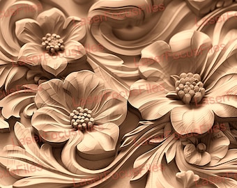 May include: Intricate wooden carving of a floral design. The carving features a raised pattern of flowers and leaves, creating a three-dimensional effect.