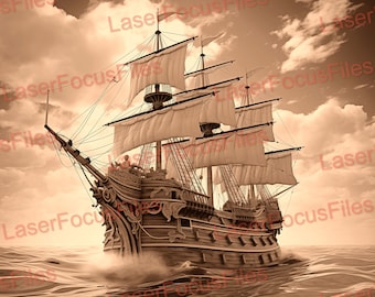 3D Illusion | Laser Burn PNG | Laser Cut File | Laser Engrave File | Laser Digital Design File | Pirate Ship in Still Waters | Ship in Ocean