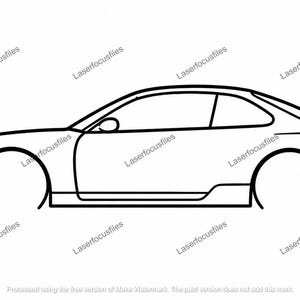 May include: A black and white line art drawing of a sports coupe car in profile view. The vehicle features a low-profile body, a rear spoiler, and empty wheel wells. The text Laserfocusfiles is repeated across the image as a watermark.