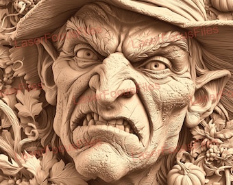 May include: A detailed relief carving of a witch's face, wearing a pointed hat. The witch has a stern expression, with furrowed brows and a grimace. The carving is surrounded by autumn leaves, pumpkins, and grapes.