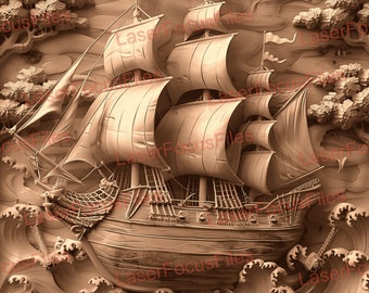 PNG quemado con láser / Ilusión 3D / Archivo cortado con láser / Archivo grabado con láser / Archivo de diseño digital con láser / Barco pirata / Oro / Tesoro / Capitán