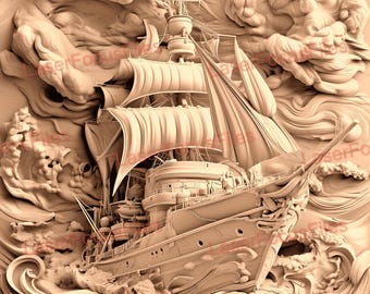 Archivo cortado con láser / Ilusión 3D / PNG quemado con láser / Archivo grabado con láser / Archivo de diseño digital con láser / Barco pirata / Oro / Capitán / Vela