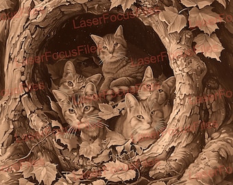 Laser Burn PNG | 3D Illusion | Laser Cut File | Laser Engrave File | Laser Digital Design File | Cats in a Tree Hollow | Kitten | Fall