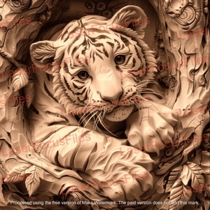 Laser Burn PNG | 3D Illusion | Laser Cut File | Laser Engrave File | Laser Digital Design File | Tiger Cub | Tiger Kitten | Wildlife | Trees