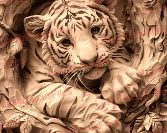 レーザー バーン PNG | 3D イリュージョン | レーザー カット ファイル | レーザー エングレーブ ファイル | レーザー デジタル デザイン ファイル | トラの子 | トラの子猫 | 野生動物 | 木