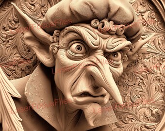 May include: A detailed relief sculpture of a fantastical creature with a long nose, large ears, and a hat. The sculpture is in shades of beige and brown, with intricate details in the face and clothing. The background features a floral pattern.