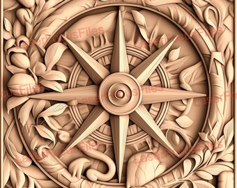 May include: A detailed, intricately carved wooden compass with a floral design. The compass is surrounded by leaves and flowers, and the center of the compass is a star with a circular design.