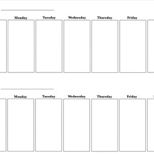 Può includere: Un pianificatore settimanale vuoto con due sezioni, ciascuna con uno spazio per scrivere "Settimana di:" e colonne per ogni giorno della settimana: domenica, lunedì, martedì, mercoledì, giovedì, venerdì e sabato.
