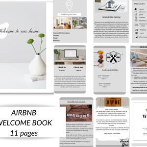 Puede incluir: Un libro de bienvenida para los huéspedes de Airbnb con un esquema de color gris y blanco. El libro incluye información sobre la casa, opciones de comida local, reglas de la casa y una nota de agradecimiento. El libro tiene un título que dice "Airbnb Welcome Book 11 pages".