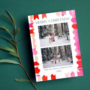 Rosa & Rote Weihnachtskarte Aquarell Kariert | Weihnachtskarte | Weihnachtsfotokarte | Bearbeitbare Vorlage Canva | Familien-Weihnachtskarte