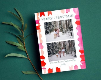 Pink & Red Watercolor Plaid Christmas Card | Holiday Card | Christmas Photo Card | Editable Template Canva