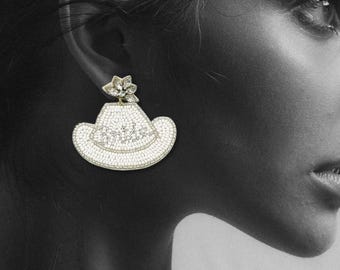 Beaded Bride Earrings | Jeweled Dangle Earrings | Cowboy Hats