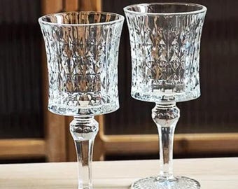 Set of 6 Diamond Cut Glass Wine Glasses/ Water Goblets