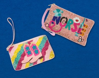 Cowgirl Boots Beaded Bag | Nurse Beaded Makeup Pouch - Pen Pencil Pouch Pink Boots Multi Color| Nurse Icons Stash Bag | Wristlet Coin Purse