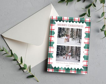 Red & Green Watercolor Plaid Christmas Card | Holiday Card | Christmas Photo Card | Editable Template Canva | Christmas Family Card