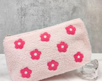 Boucle Hot Pink Flower Pattern and Light Pink Cosmetic Bag | Makeup Pouch - Embroidered | Flowers | Stash Bag