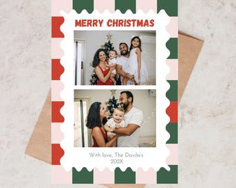 Red Pink Green Check Christmas Card | Holiday Card | Xmas Photo Card | Editable Template Canva | Christmas Family Card | Tarjeta Navideña