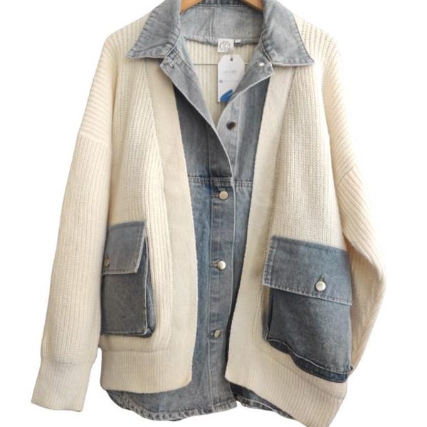 Ribbed Knit Denim Cardigan | Pockets | Cream Sweater | Denim Jacket