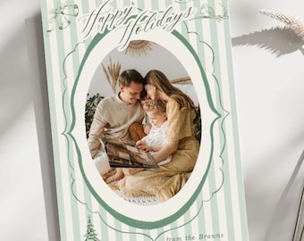 Sage Green Happy Holidays Card - Canva Editable - 4 x 6 & 5 x 7 Card Digital File | Stripes Traditional Family Photo Card