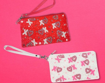 Love Beaded Hand Pouch | Makeup Pouch | Pen Pencil Pouch - Red and White XOXO| White and Pink XOXO | Stash Bag | Wristlet Coin Purse