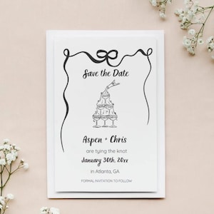 Scheda Save The Date con cornice a fiocco - Canva modificabile - File digitale stampabile per scheda 4 x 6 e 5 x 7 Annuncio di matrimonio Torre di champagne Torta nuziale
