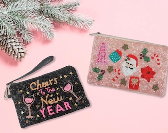 New Year And Santa Beaded Hand Pouch | Makeup Pouch | Pen Pencil Pouch- Beaded Black with Pink and Gold | Stash Bag | Wristlet Coin Purse