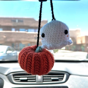Crochet Halloween Ghost and Pumpkin Car Hanging