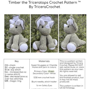 May include: Crochet pattern for a green and white triceratops. The pattern is written in US terminology and includes instructions for making the toy using a 5.50 mm crochet hook. The pattern is designed by Tricera Crochet.
