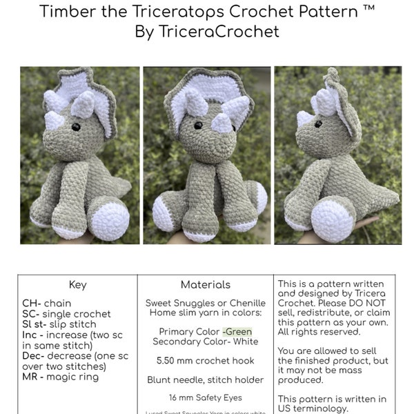 Padrão de crochê de Triceratops, Amigurumi de Dinossauro da Floresta (Padrão em PDF)