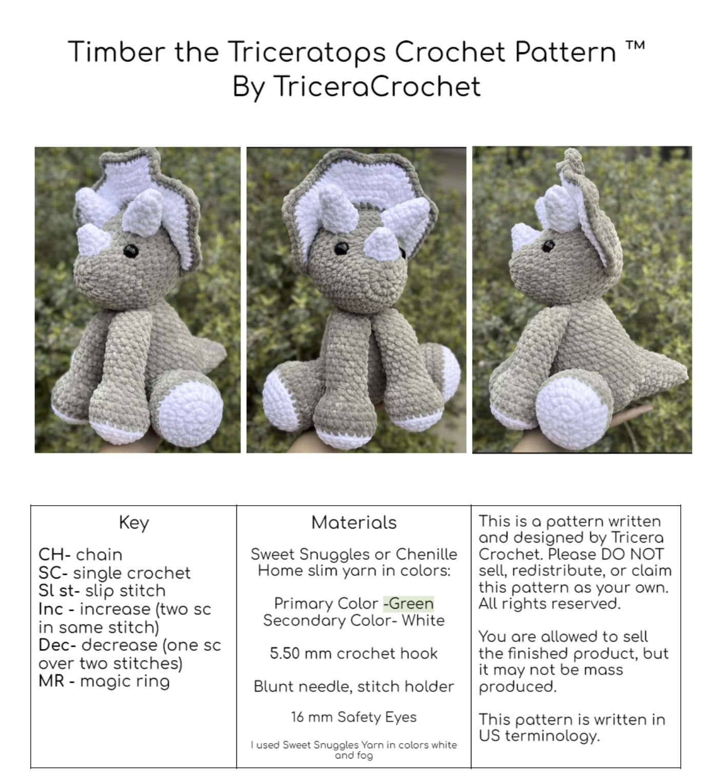 39 Triceratops Crochet Patterns for Dino Lovers, Nursery Decor, and Handmade Gifts 2 Triceratops Crochet Pattern Timber Dinosaur Amigurumi