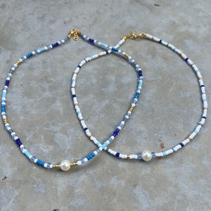 Single Pearl choker, white and blue with gold accents, Mediterranean-inspired jewelry pearl necklace with gold bead and sea glass accents