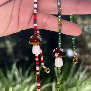 Beaded mushroom necklace, woodland mushroom jewelry, forest fungi jewelry, whimsical mushroom necklace, earth tones mushroom necklace gift