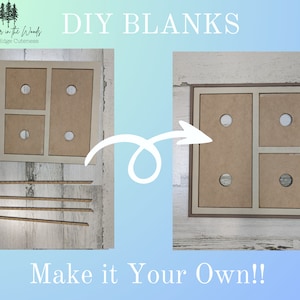 May include: DIY Blanks: A set of unfinished wooden frames with cutouts, ready to be decorated. The frames are arranged in a square shape with four individual sections. The image also shows three long wooden strips, which can be used to create a custom design.