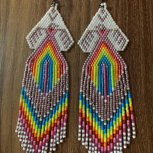 Rainbow extra long beaded fringe earrings seed bead earrings dangle boho earrings chandelier earrings native bead earrings colorful earrings