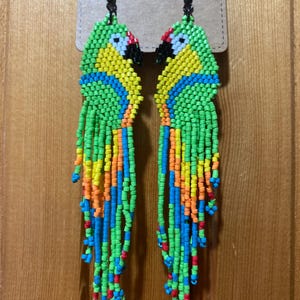 Colorful Parrot Beaded Earrings – Handmade Miyuki Fringe Earrings, Tropical Bird Jewelry, Boho Festival Earrings, Rainbow Statement Gift