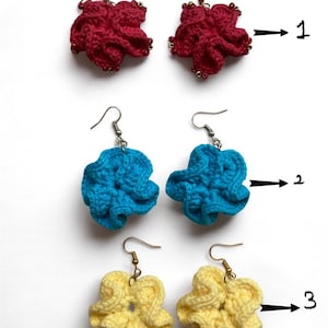handmade crochet earrings, lightweight boho statement jewellery, colorful yarn dangle earrings, unique fiber art accessories, whimsical loom